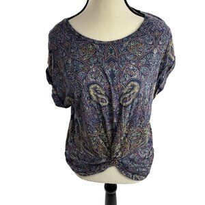 Lucky Brand Womens Top Paisley Twist Front Boho Casual Size M Blue